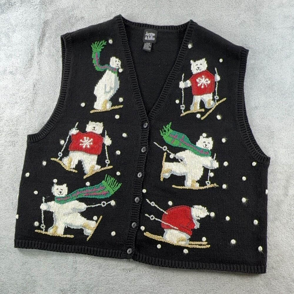 Jacque & KoKo Women's Vest 26/28 Ramie Knit Polar Bear Skiing Embroidered Button
